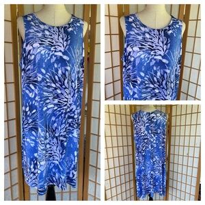 Clara Sun Woo Midi Stretch Knit Sleeveless Blue Print Swing Shift Dress SZ 1X